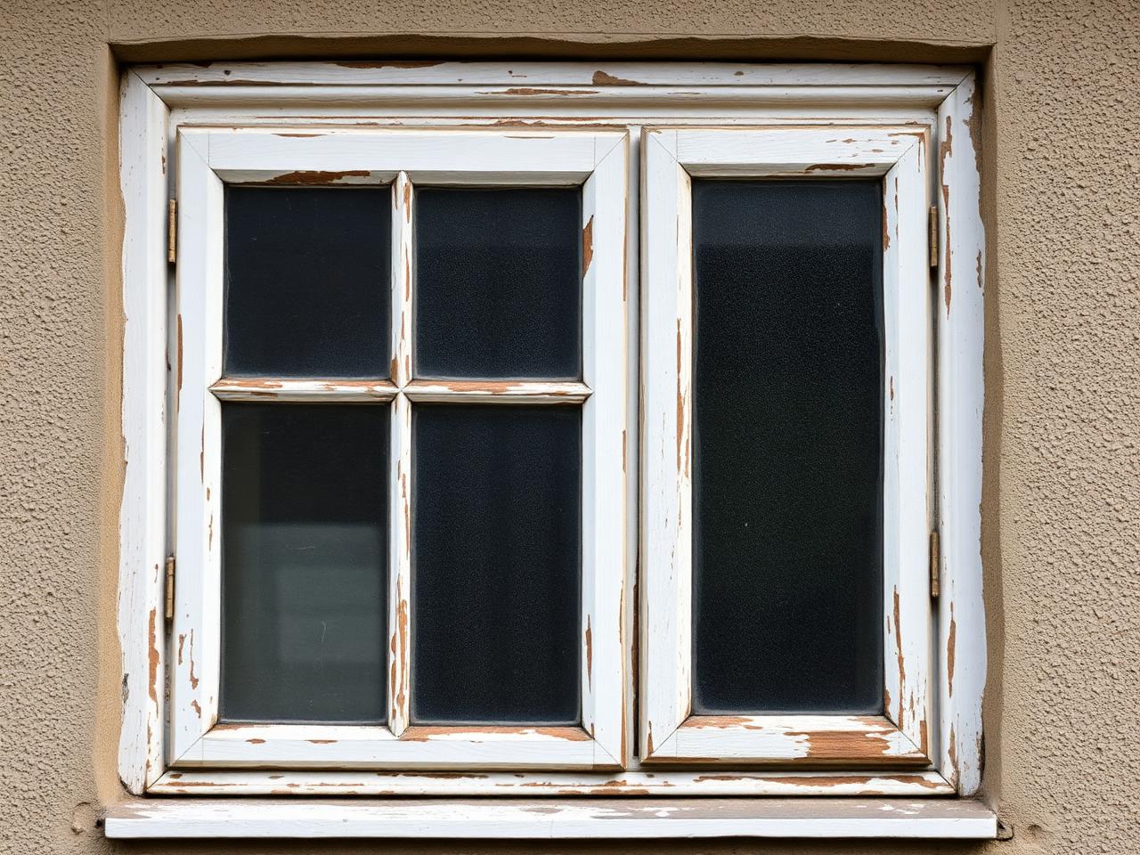 Tired weathered wooden casement window before replacement