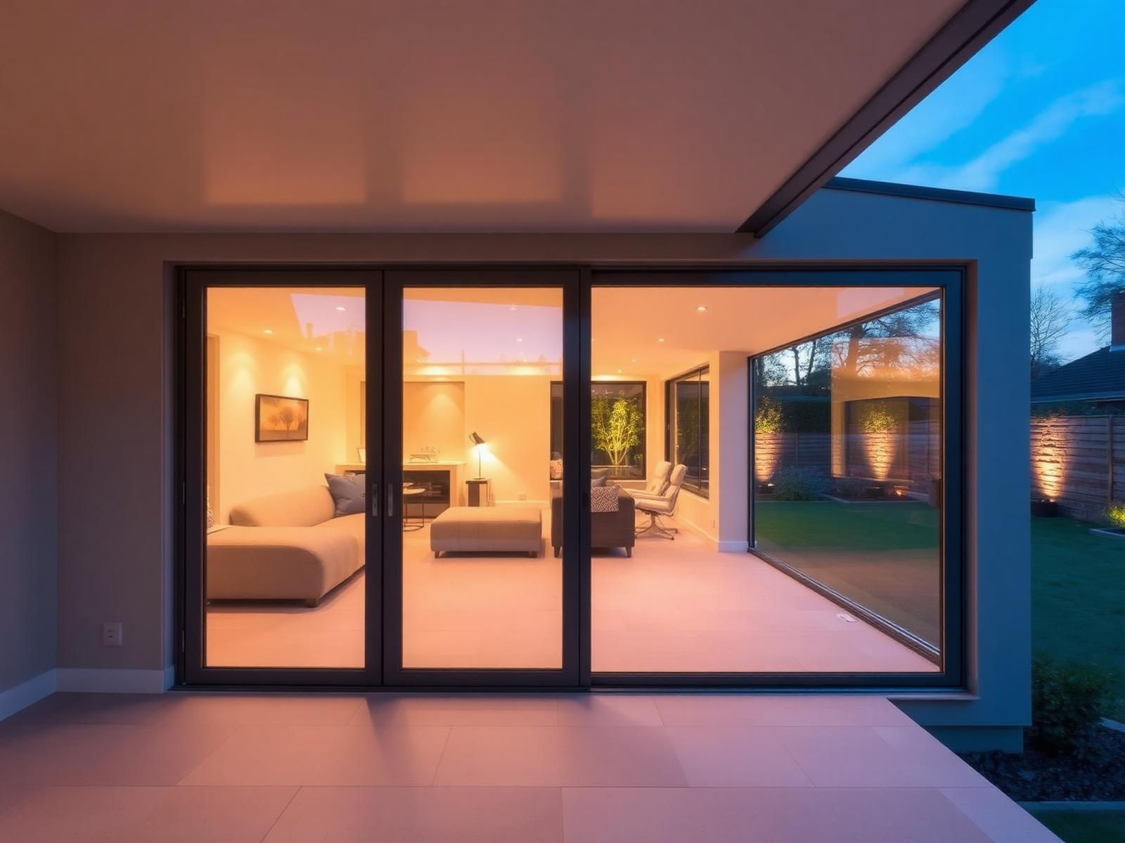 Lift-and-slide at dusk, warm interior glow